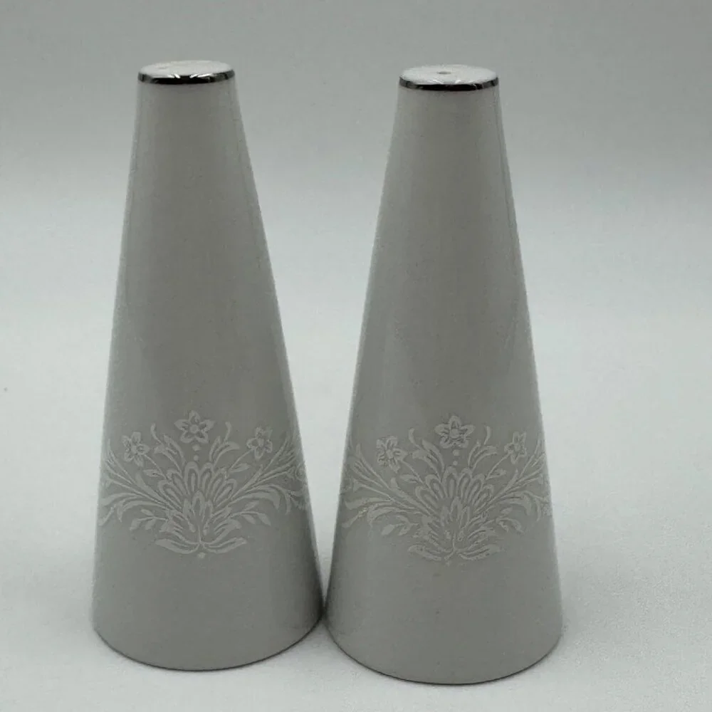White Filigree Flower Sprays on White by Parkleigh Salt & Pepper Shaker Set Made